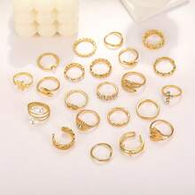 23pcs/Set Vintage Ring Set Chain Moon & Sun Design Mix And Match For Daily Outfits Party Accessories - 金色 - 查看 5
