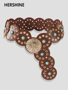 1 szt. Turkusowy pasek damski w stylu vintage, styl boho, styl zachodni, złoty pasek z okrągłą klamrą i ozdobnymi przelotkami, jednolity kolor, boho, skórzany pasek ze skóry PU, odpowiedni do sukienek, spódnic, koszul, spodni, szkoły, na wakacje, na co dzień, na imprezy