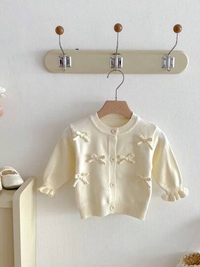 Fashionable Bow Knitted Cardigan For Baby Girls, Cute Outerwear Suitable For Autumn
