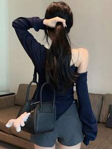 女款不对称开衩不对称肩长袖T恤，秋冬款，纯色，露肩汗衫 - 藏青色 - 查看 5