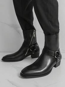 Men's Western Style Side Zipper Motorcycle Boots, Chunky Heel Boots - Black - View 6