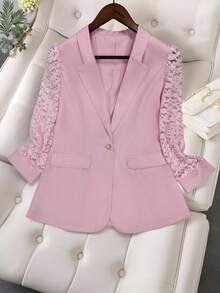 女士优雅花卉提花拼布泡泡袖西装外套