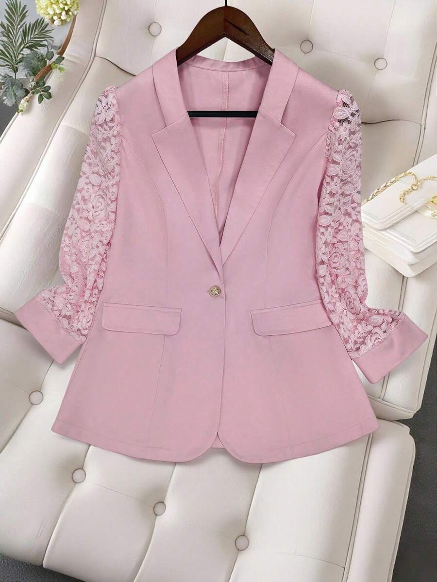 女士优雅花卉提花拼布泡泡袖西装外套