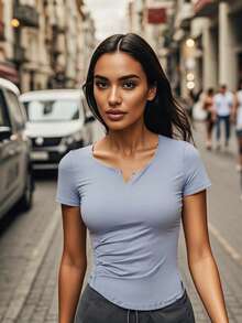 Blusa de yoga para mujeres - chaleco de entrenamiento de Pilates de verano - ropa deportiva de fitness de cuello redondo en forma de V - camiseta de manga corta para mujeres - Azul lago gris - Ver 3