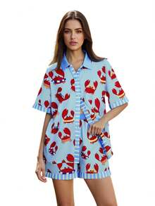 Conjunto de pijama de 2 piezas para mujer con estampado de cangrejo lindo, camisa de manga corta + pantalones cortos de cintura elástica, ropa de estar en casa - Azul - Ver 8