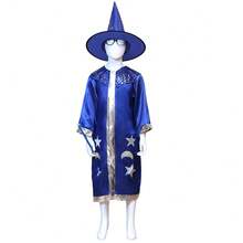 儿童魔术师COS斗篷巫师斗篷+尖顶帽套装，星形印花，透气万圣节派对服装，男女皆宜 - 彩色 - 查看 7