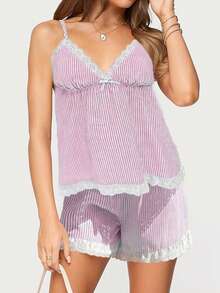 Women Pajama Set, Stripes Lace Patchwork Sleeveless Camisole With Shorts Sleepwear Loungewear - Pink - View 4