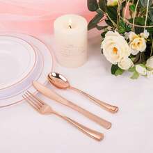 WDF160 Piece Rose Gold Disposable Cutlery Set - Heavyweight Plastic Silverware - Includes 80 Forks, 40 Spoons, 40 Knives - Rose Gold Silverware Perfect For Wedding/Party,9001079 - 金色 - 查看 9