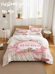 3pcs Customized Name Floral Butterfly Bedding Set, Sweet Princess Style, Suitable For Girls' Bedroom, Sleepovers, Gifts, Personalizes Sleeping Space, Easy To Match And Clean, Customized Duvet Cover, Customized Name Bedding Set, Suitable For All Occasions - Multicolor - View 7