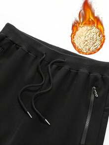 男士保暖内衬裤，可调节抽绳腰带，侧边口袋，锥形裤型，适合通勤/徒步旅行 - 黑色 - 查看 5