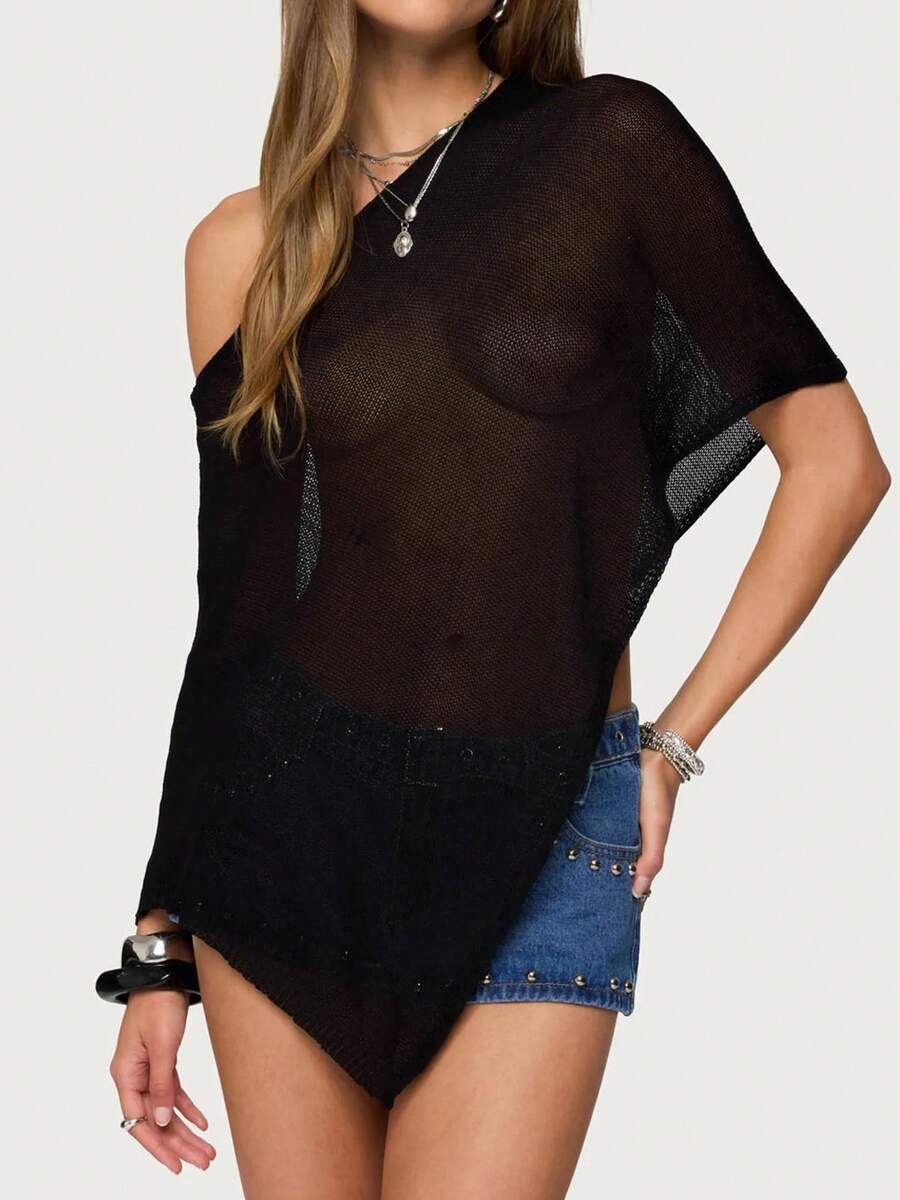 Women Sheer Knit Poncho Y2K Off Shoulder Asymmetric Shrug Sweater Pullover Top Lightweight See Through Cover Up Tops  Pullover Sweaters Tops - màu đen - Xem 1