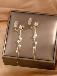 1 对水晶蝴蝶结仿珍珠流苏长夹式耳环，女士新款耳环，生日礼物