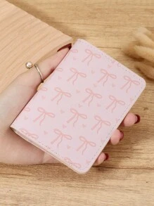 粉色蝴蝶结爱心图案迷你钱包，时尚简约卡包，纤薄轻巧便携，可装现金、身份证、信用卡、硬币，适合作为生日、周年纪念礼物送给爱人、女性、女孩、青少年、大学生、男士 - 粉色 - 查看 2