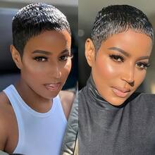 Glueless & Easy To Wear For Beginners Short Straight Pixie Cut Wig For Women 150% Density Brazilian Remy Human Hair Soft And Comfortable Machine-Made Breathable Rose Net Cap Quick Hairstyle Change Natural Look Perfect For Daily Use Cosplay Carnival And Christmas Short Hair Wigs Elegant Hairpiece, , Fashion Enthusiasts - Natural Black - 查看 1