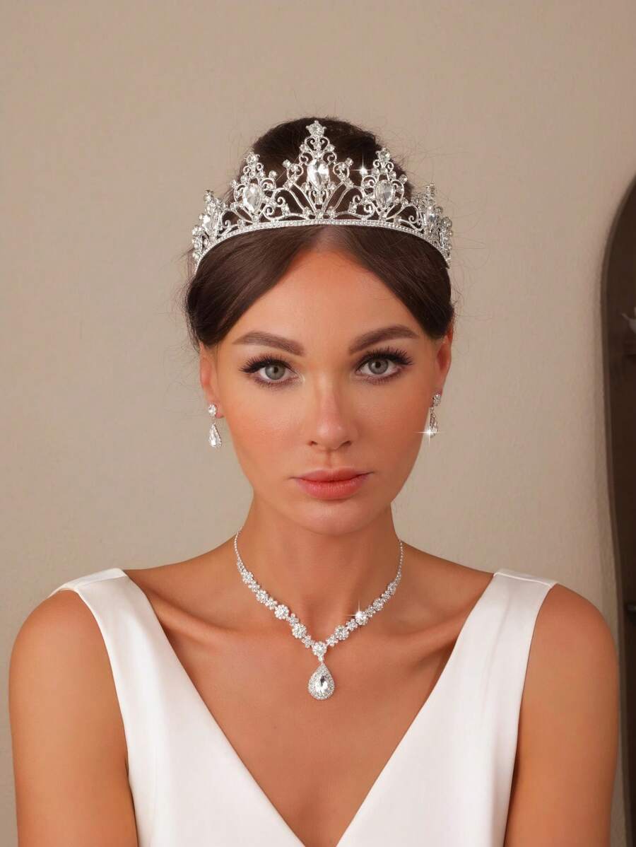 高级新娘皇冠头饰套装，镶嵌人造宝石，全新女王皇冠设计，新娘面纱镶嵌闪亮水钻耳环和项链配饰（多种款式可选）