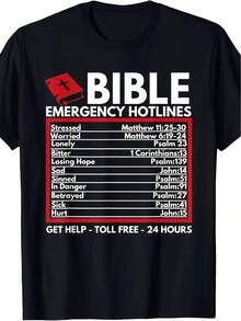 Men's Funny Christian Bible Emergency Numbers T-Shirt - 24-Hour Prayer Bible Verse Design With 1-Psalms, Matthew, Mark, Luke, John, Romans, Corinthians, Galatians, Ephesians, Philippians, Colossians, Thessalonians, Timothy, Titus, Philemon, Hebrews, James, Peter, Jude, Revelation - 100% Cotton Casual Round Neck Short Sleeve Tee For Church, Bible Study & Christian Gifts - Summer Wear - Black - View 2