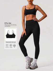 Sodalemon Women's Solid Color Thick Sports Bra & Yoga Leggings 2 Pieces Set, Minimalist Design For Fitness Training - 黑色 - 查看 8