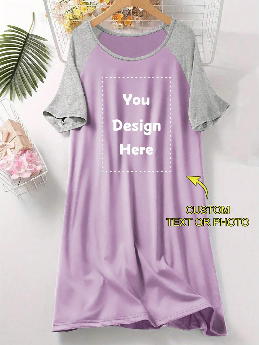 Custom Style Nightgown, Raglan Sleeve Nightgown, Comfortable Sleepwear E21 - Purple - View 1