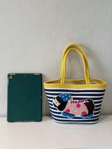 腊肠犬图案编织托特包，大容量，单肩包，针织手提包 - 黃色 - 查看 4