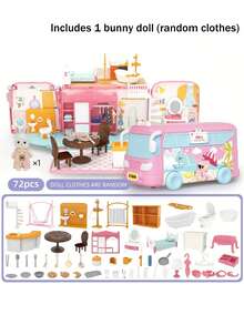(Random Rabbit Outfit Design) Portable Camping Car RV Toy Set, Children's Toy Car Bus, Mini Rabbit House Family Toy, Birthday/Holiday Gift For Boys And Girls
