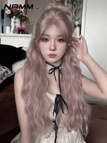NAMM 28 Inch Ash Powder Long Wavy Wig For Women 2*0.5 U-Shaped Forehead Lace Wig Glueless Heat Resistant Synthetic Small Lace Front Hair Wigs For Girls Daily Party Beginner Use Music Festival Party Street Wear, Sakura Festival, Cosplay Anime Or Costume Use - Pink - View 2