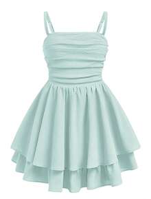 EXARUS Girls Flowy Ruffled Hem/Puff Bubble Dress Teen Ruched Summer Adjustable Spaghetti Strap Casual Cami Mini Dresses - 薄荷綠 - 查看 1