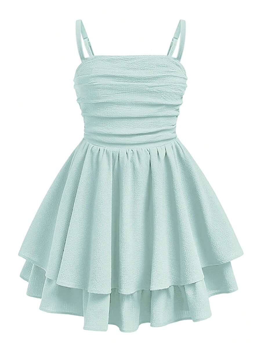 EXARUS Girls Flowy Ruffled Hem/Puff Bubble Dress Teen Ruched Summer Adjustable Spaghetti Strap Casual Cami Mini Dresses - 薄荷綠 - 查看 1