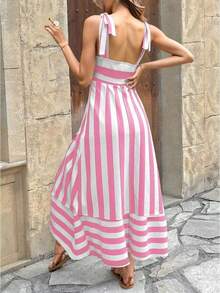 随机剪裁无袖印花夏季A字连衣裙，女士夏季度假连衣裙，休闲外出连衣裙 - 粉色 - 查看 1