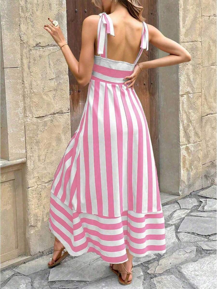 随机剪裁无袖印花夏季A字连衣裙，女士夏季度假连衣裙，休闲外出连衣裙 - 粉色 - 查看 1