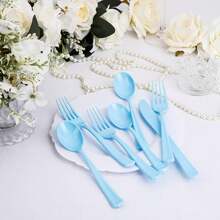 160 Piece Blue Plastic Silverware - Heavy Duty Blue Silverware Includes 80 Forks, 40 Spoons, 40 Knives, Disposable Plastic Utensils Perfect For Wedding, Graduation, Party,9001081 - Blue - View 7