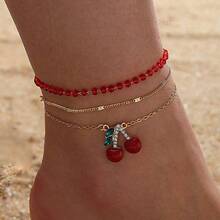 European And American-Border Red Rice Bead Multi-Layer Foot Jewelry With Rhinestones Cherry Anklet Three-Piece Set Decoration - 15680 - Xem 1