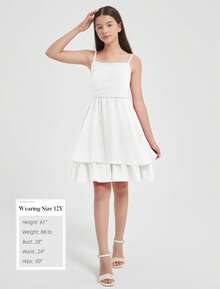 EXARUS Girls Flowy Ruffled Hem/Puff Bubble Dress Teen Ruched Summer Adjustable Spaghetti Strap Casual Cami Mini Dresses - trắng - Xem 5