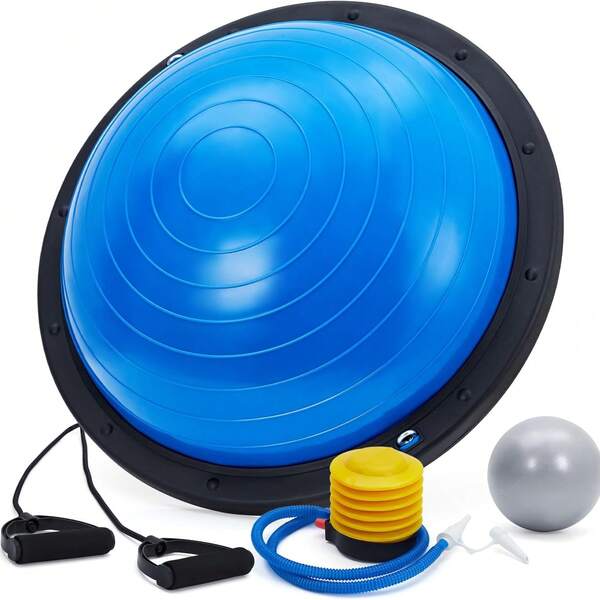 23 pulgadas Pelota de equilibrio, Pelota de ejercicio de 1600 libras con base antideslizante, Pelota de equilibrio hinchable, Pelota de yoga de estabilidad mitad con equipo de entrenamiento de fuerza que incluye 2 bandas, bomba y pelota adicional
