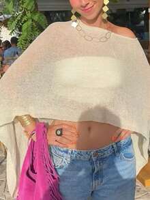 Women Sheer Knit Poncho Y2K Off Shoulder Asymmetric Shrug Sweater Pullover Top Lightweight See Through Cover Up Tops  Pullover Sweaters Tops - 黃色 - 查看 3