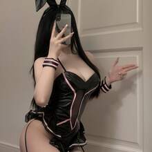 Playful Bunny Lingerie Set Deep V Neckline, Patent Leather Catsuit + Ears Headband + Gloves | Cute & Edgy Pajama Costume, Gloves | Festive & Flirty For Themed Nights, Cute Meets Bold For Playful Style Sexy Stockings - 黑色 - 查看 5