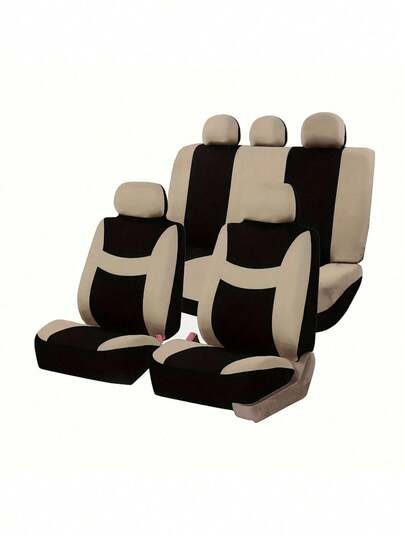 9 件通用汽车座椅套套装，适用于轿车、SUV、MPV 等。包括 2 个前座套、1 个靠背套、1 个后座套和 5 个头枕套，兼容安全气囊