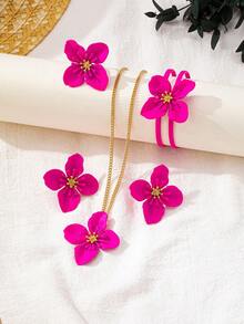 1 套 4 件优雅花卉设计女士首饰套装，1 条手链和戒指，1 条项链，1 对耳环，适合日常佩戴、派对、舞会、暑假 - 玫紅色 - 查看 5
