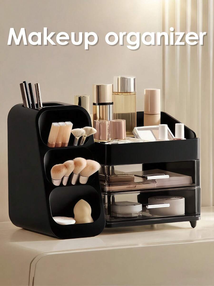 Makeup Organizer With Brush Holder, Lipstick Organizer, Large Bathroom Countertop Organizer, Nail Polish Organizer, Skin Care Storage, Make Up Organizers For Storing Lipsticks, Nail Polishes, Perfumes, Black Makeup Organizer Storage Organizer Vanity Organiser Bathroom Organizer Perfume Organizer Jewelry Organiser Hair Accessories Organizer Jewelry Box Organization And Storage For Dorm Room Essentials College Makeup Brush Holder Desk Accessories Nail Supplies Vanity Accessories Travel Essentials Bathroom Accessories Bathroom Decor Room Decor Summer, Valentines Gift - 黑色 - 查看 1