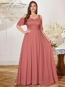 Colorblock Sequin Off-Shoulder Chiffon Formal Party Maxi Dress, Elegant Ball Gown, Wedding Guest Dress, Graduation Ceremony, Banquet, Evening Gown - Dusty Pink - View 4