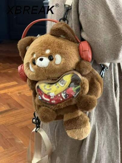 XBREAK Panda & Raccoon Plush Backpack, Cute Cartoon Shoulder Bag For Commuting, School Bag