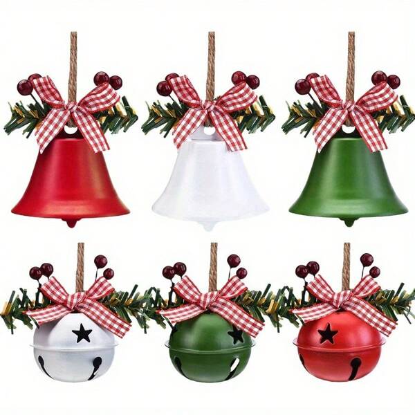 6 piezas Decoraciones de campanas navideñas, material de metal, campana grande con corte de estrella, artesanía de bayas de invierno para árbol de Navidad, aniversario, regalos de fiesta festiva (rojo, blanco, verde) Decoración del hogar Decoraciones navideñas Decoración de habitación