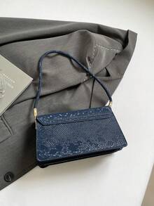 时尚百搭纯色鳄鱼压纹女士单肩包/腋下包 - 藍色 - 查看 8