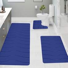 3-Piece Wave Pattern Non-Slip Bathroom Rug Set - Absorbent Microfiber Tub Mat (47"X16"), Vanity Mat (24"X16"), U-Shaped Toilet Mat (20"X16") - Quick Dry, Machine Washable, Wave Pattern For Shower, Sink, Bathroom Floor Safety, Gift - 藍色 - 查看 3