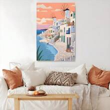 1pc Mykonos Illustration, Greece Art Framed Wall Art - Canvas Prints Poster, Ready To Hang - Home Decor, Ideal For Home, Office Wall Decor, Family Gift, Living Room Bedroom Wall Decor
