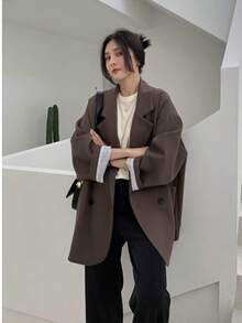 Women's Tops, Jackets, Casual Long Sleeves, Small Suits, Wide Sleeves, Collars, Loose Jackets, Polyester Blends, Double Row Two Grain Buttons, Retro British Style Solid Color Jackets, Comfortable, Skin Friendly, Breathable, Good Quality, Korean Style - 棕色 - 查看 6