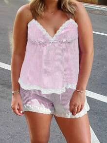 Women Pajama Set, Stripes Lace Patchwork Sleeveless Camisole With Shorts Sleepwear Loungewear - Pink - View 5