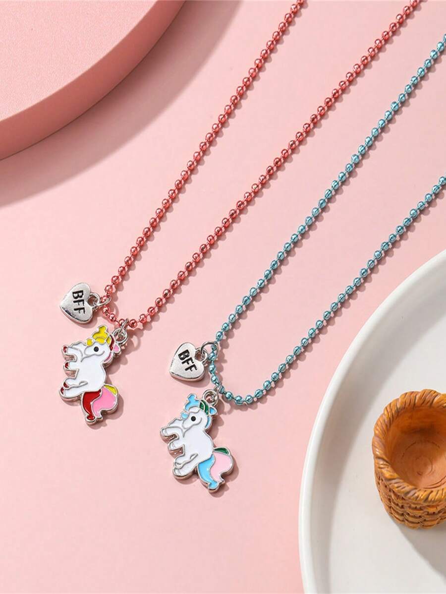 2 件套女孩可爱独角兽吊坠 BFF 项链，适合作为送给闺蜜、同学和朋友的礼物
