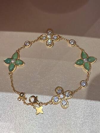 1 件法式复古新中式绿玛瑙和玉石镶嵌四叶花手链，优雅别致，适合女性日常、节日、派对佩戴、女友礼物