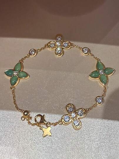 1pc French Retro New Chinese Style Green Agate & Jade Inlaid Four-Leaf Flower Bracelet, Elegant & Chic, Suitable For Women's Daily, Festival, Party Wear, Girlfriend Gift