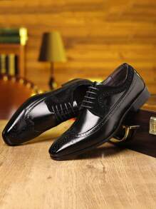 New Carved Brogue Oxford Formal Dress Shoes, Lace-Up Derby Pointed Toe Wedding Shoes For Men, Plus Size